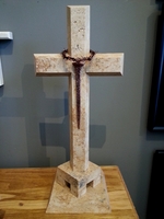 Standing Travertine Cross On Pedestal, With Nail and Crown