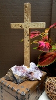 Standing Travertine Cross- Unfilled, on Thunder Bay Amethyst 