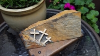 Stone Three Cross Sculpture - Schist With Travertine