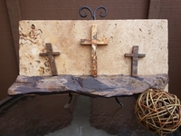 Three Cross Plaque On Travertine With Plum Creek