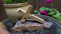 Travertine Leaning Cross on Red Plum Creek Stone  