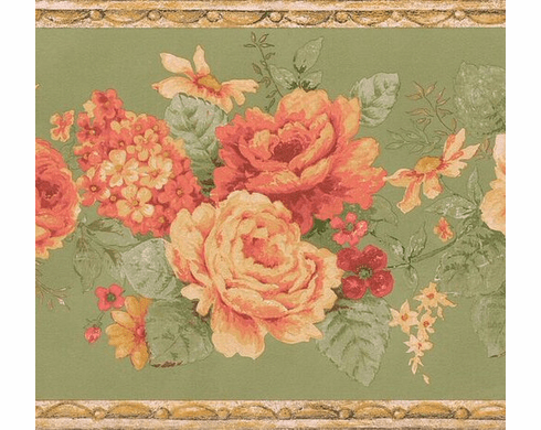 879212 Vintage Floral Green Wallpaper Border FDB03080