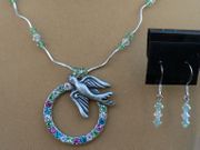 Bird On A Circle Pendent Necklace With Earrings