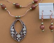 Double Stand Goldstone 8mm Round Bead Teardrop Necklace With Earrings