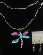 Double Stand Purple and Blue Dragonfly Necklace With Earrings