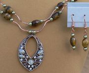 Double Stand Tiger-Eye Faceted Oval Bead Teardrop Necklace With Earrings