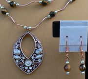 Double Stand Tiger-Eye Faceted Round Beads Teardrop Necklace With Earrings