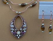 Double Stand Tiger-Eye Oval Beads Teardrop Necklace With Earrrings