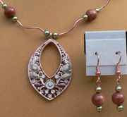 Goldstone 8mm Round Bead Teardrop Necklace With Earrrigs