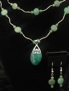 Double Stand Green Malachite Cabochons Pendent Necklace With Earrings