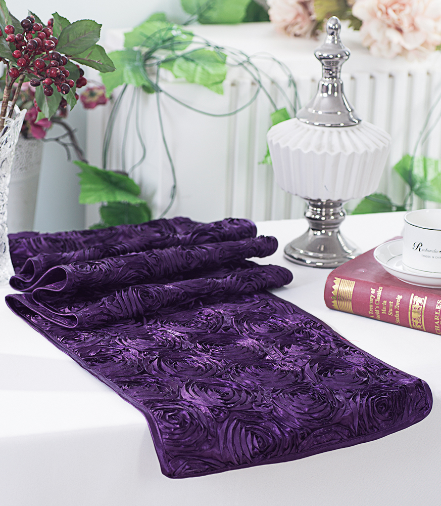 Eggplant Satin Rosette Wedding Table Runners Sale