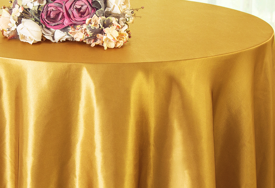 Gold 132 inch Round Satin Tablecloths Wholesale