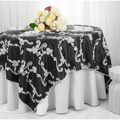 85" Square Ribbon Taffeta Table Overlays - Black / White 65579 (1pc/pk)