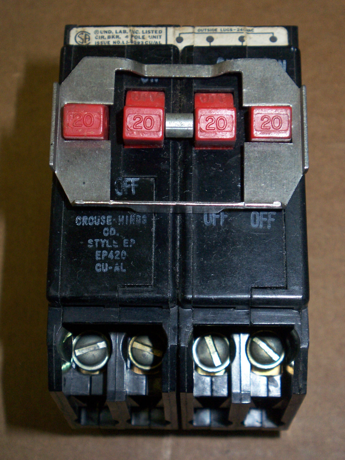 Crouse Hinds EP QUAD 4 pole 20/20 120/240v Circuit Breaker (used)
