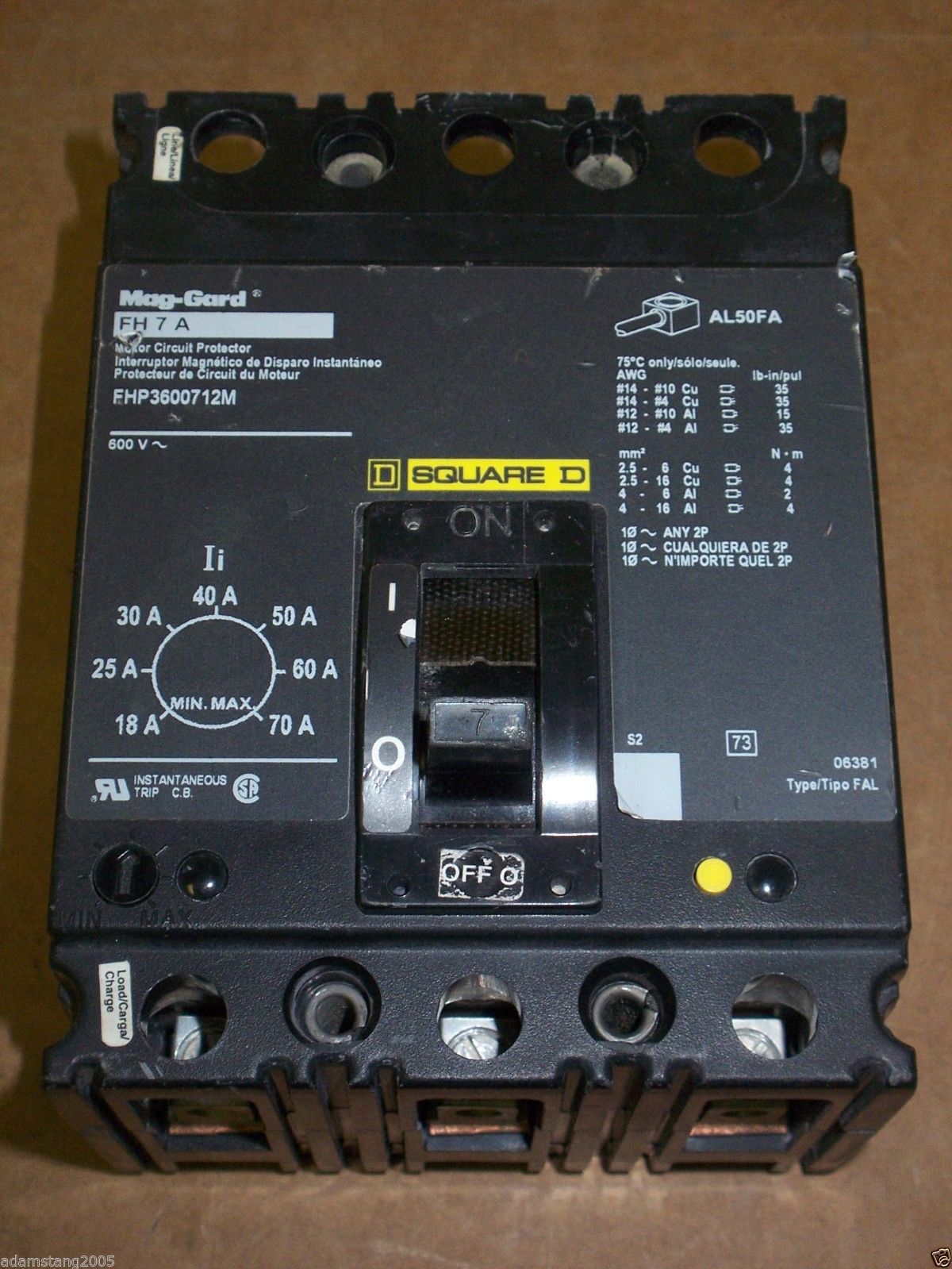 Square D FH 7 A 3 pole 7 amp 600v FAL3600712M Circuit Breaker FHP Green