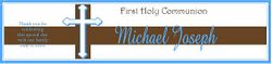 COM-18 Blue and Brown Cross First Communion Water Bottle Label
