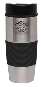 Insulated travel cup with Wood Enterprises logo