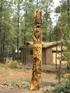 CUSTOM 15FT STYLIZED EAGLE AND BEAR TOTEM POLE TREE CARVING