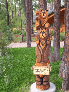 WHIMSICAL PIGGY BACK BEARS WITH LANTERN AND SIGN CUSTOM CHAINSAW CARVING