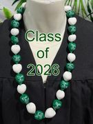 Hawaiian Kukui Nut Graduation Lei- Class of 2026 - Solid Green/White