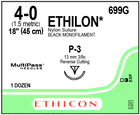 Ethicon Nylon Black Monofilament Suture 4‑0, 18", P-3 Needle (699G)