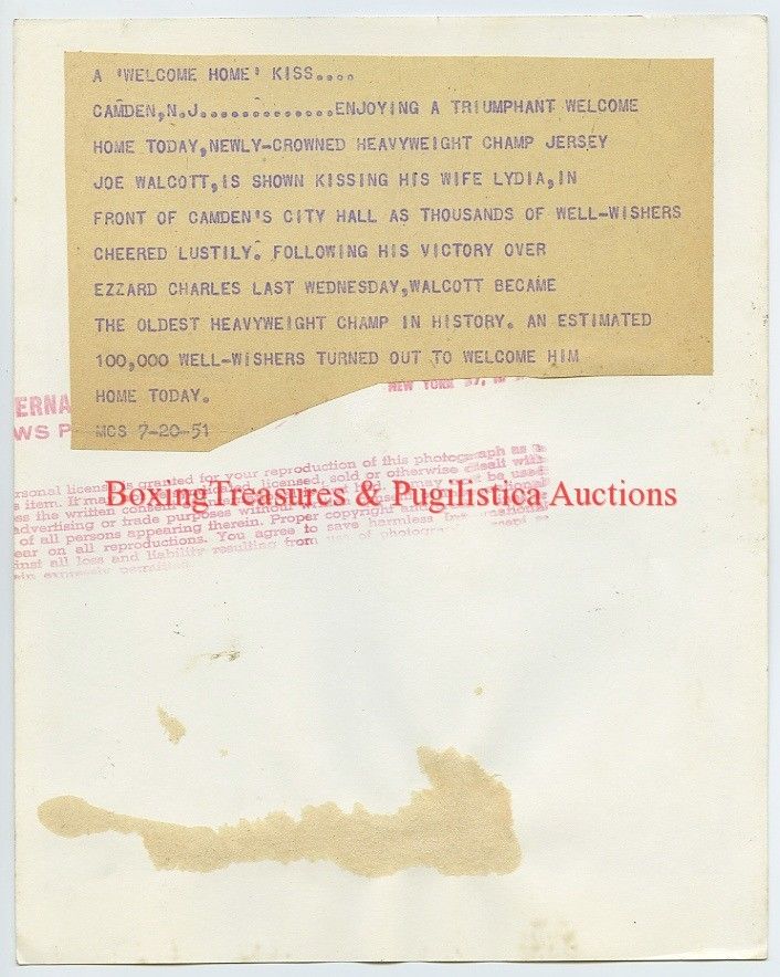 1951 Boxing JERSEY JOE WALCOTT Vintage Photograph CAMDEN, NJ New Champion WIFE