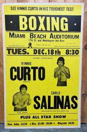 1973 VINNIE CURTO vs CARLOS ALBERTO SALINAS Vintage Boxing Poster 14x22 Miami Beach Auditorium, Florida
