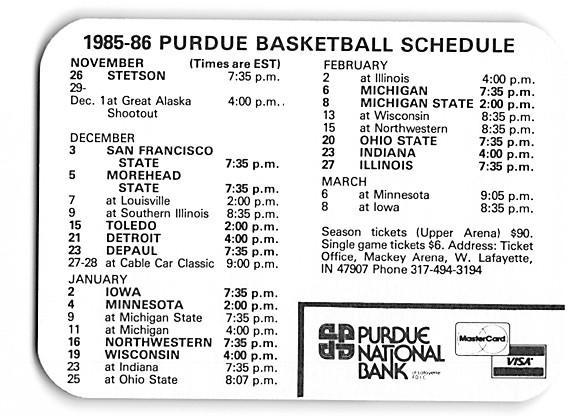 1985-86 PURDUE BOILERMAKERS NCAA Mens Basketball Schedule Card GENE KEADY