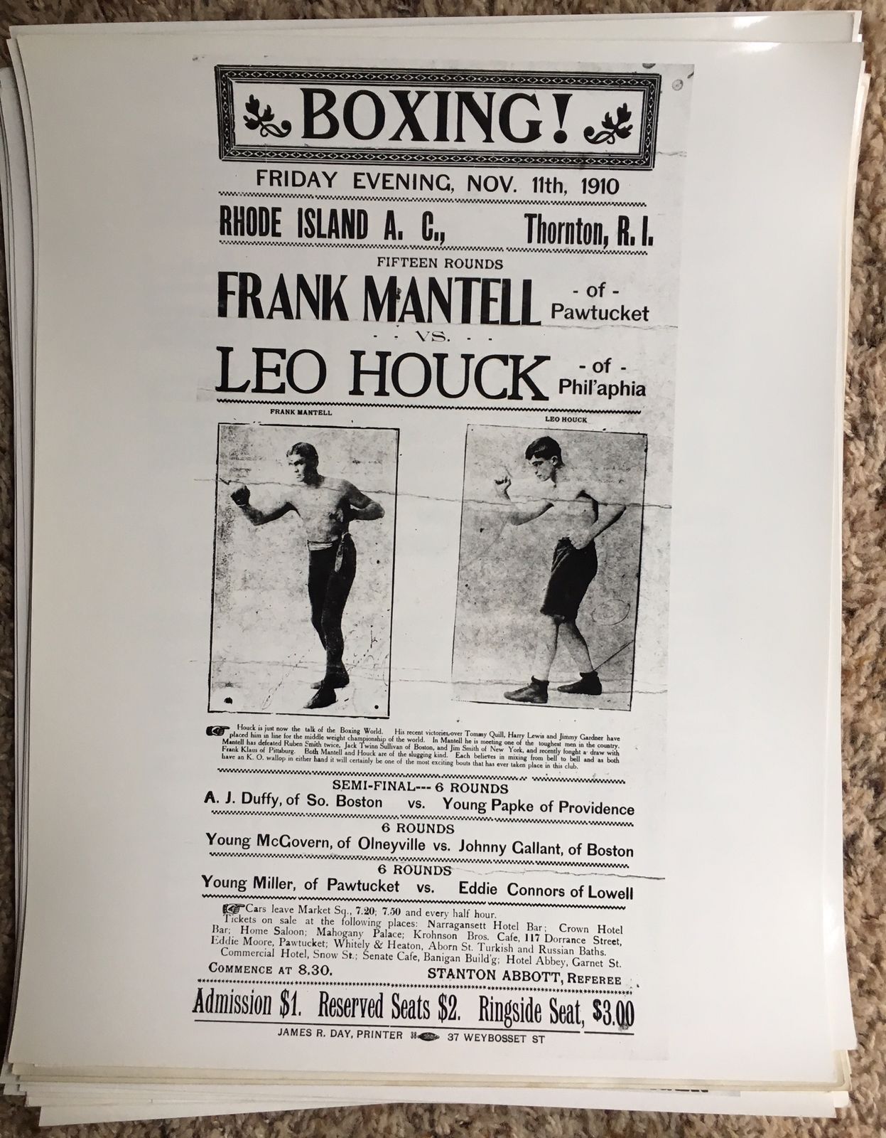 LEO HOUCK vs FRANK MANTELL Vintage 11x14 Boxing Photo Poster Print RHODE ISLAND