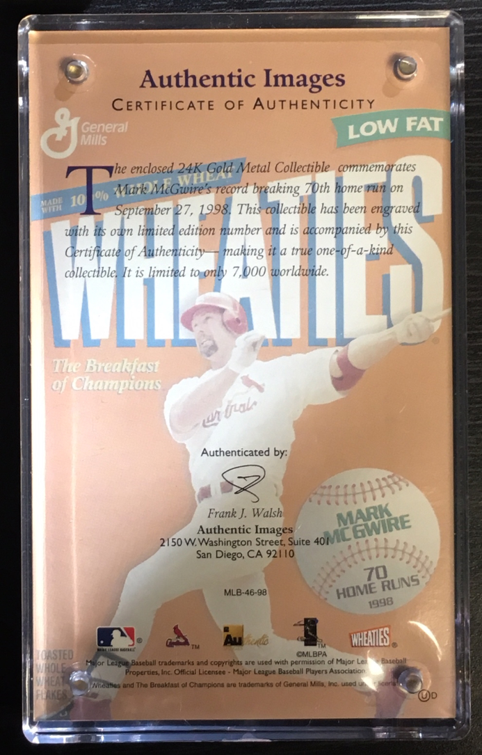 Mark McGwire 1999 Wheaties 24K Gold Collectible Baseball Card By mark-mcgwire-1999-wheaties-24k-gold-collectible-baseball-card-by
