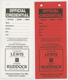 1992 LENNOX LEWIS vs RAZOR RUDDOCK Lot (2) Official Boxing Onsite Credentials