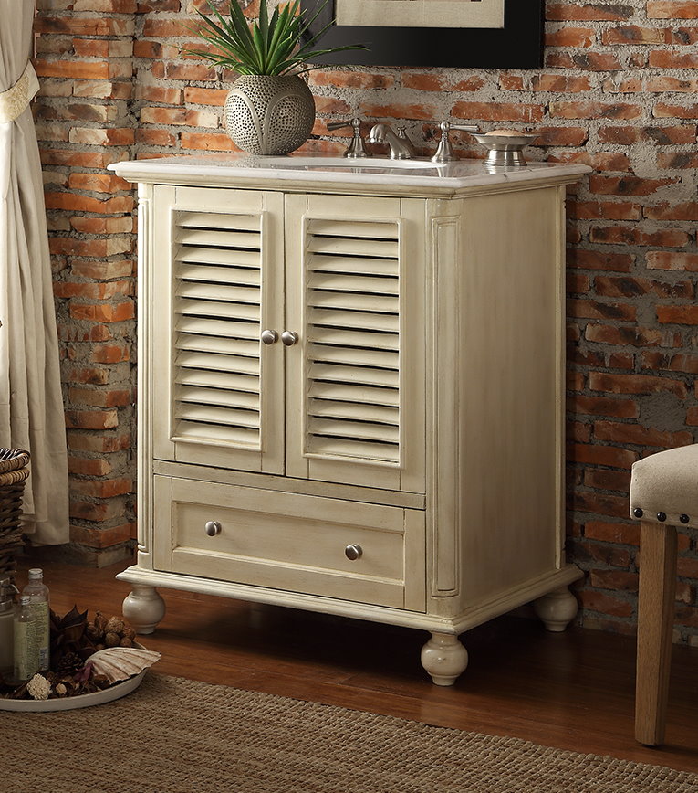 30 inch Bathroom Vanity Louvered Shutter Doors Style Distressed Beige Color (30"Wx22"Dx36"H) CHF087P