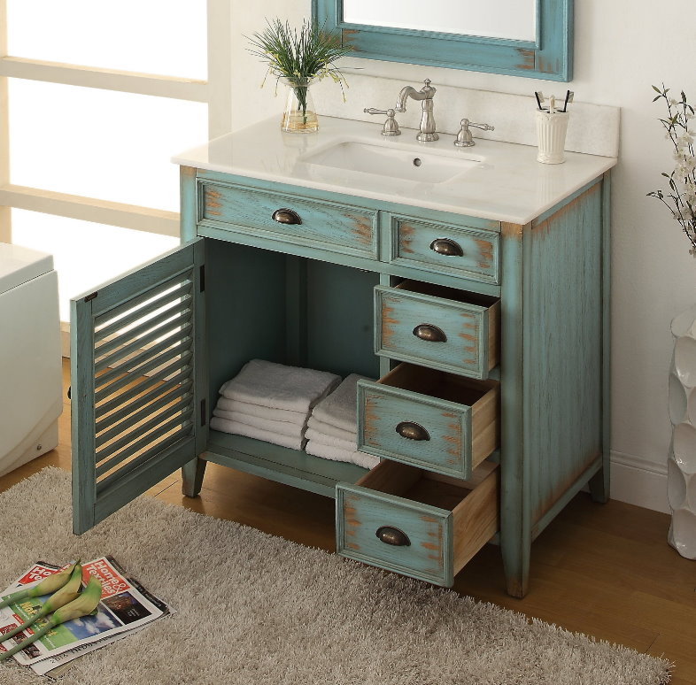 36 inch Bathroom Vanity Coastal Cottage Beach Style 3 Drawers Teal Blue
