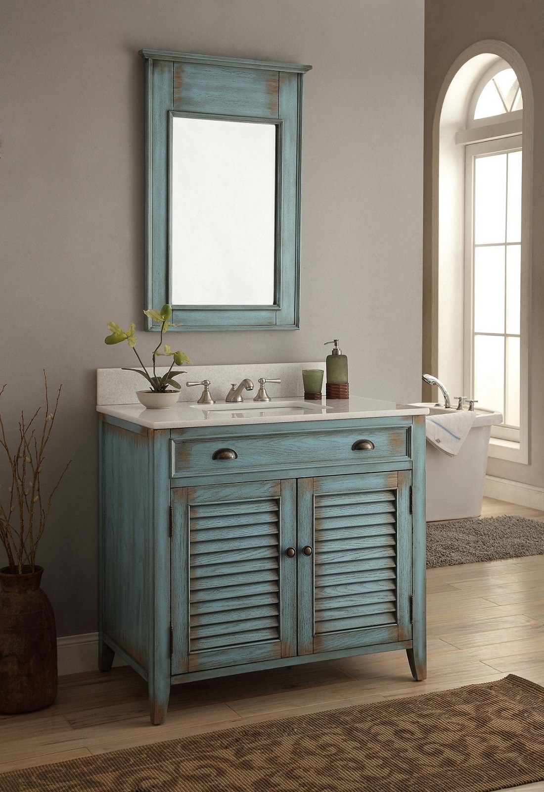 36 inch Bathroom Vanity Louvered Shutter Doors Style Distressed Blue (36"Wx21.5"Dx34"H) CCF28884BU