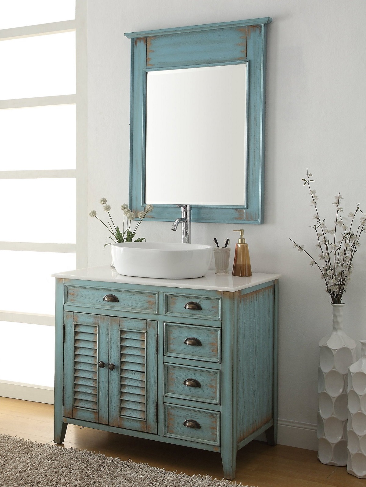 36" inch Bathroom Vanity Coastal Beach Style White Vessel Sink Teal