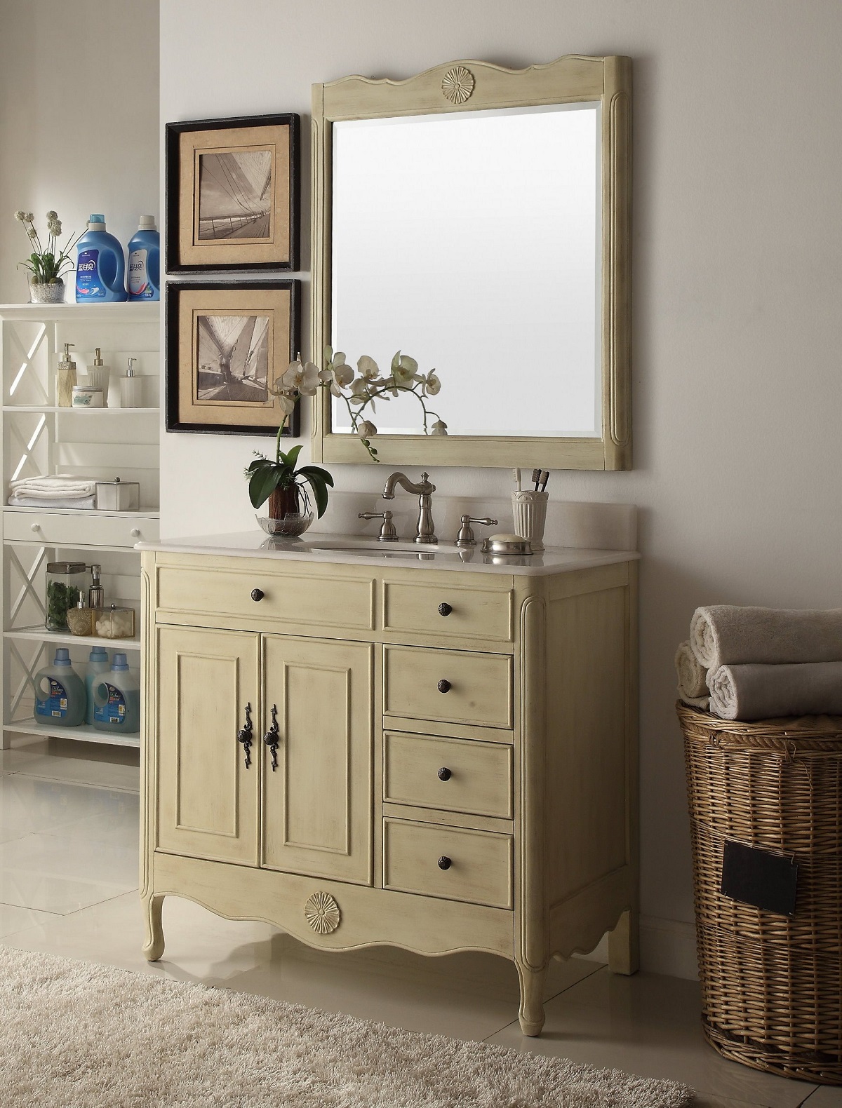 38 inch Bathroom Vanity with 3 Drawers Cottage Style Distressed Vintage