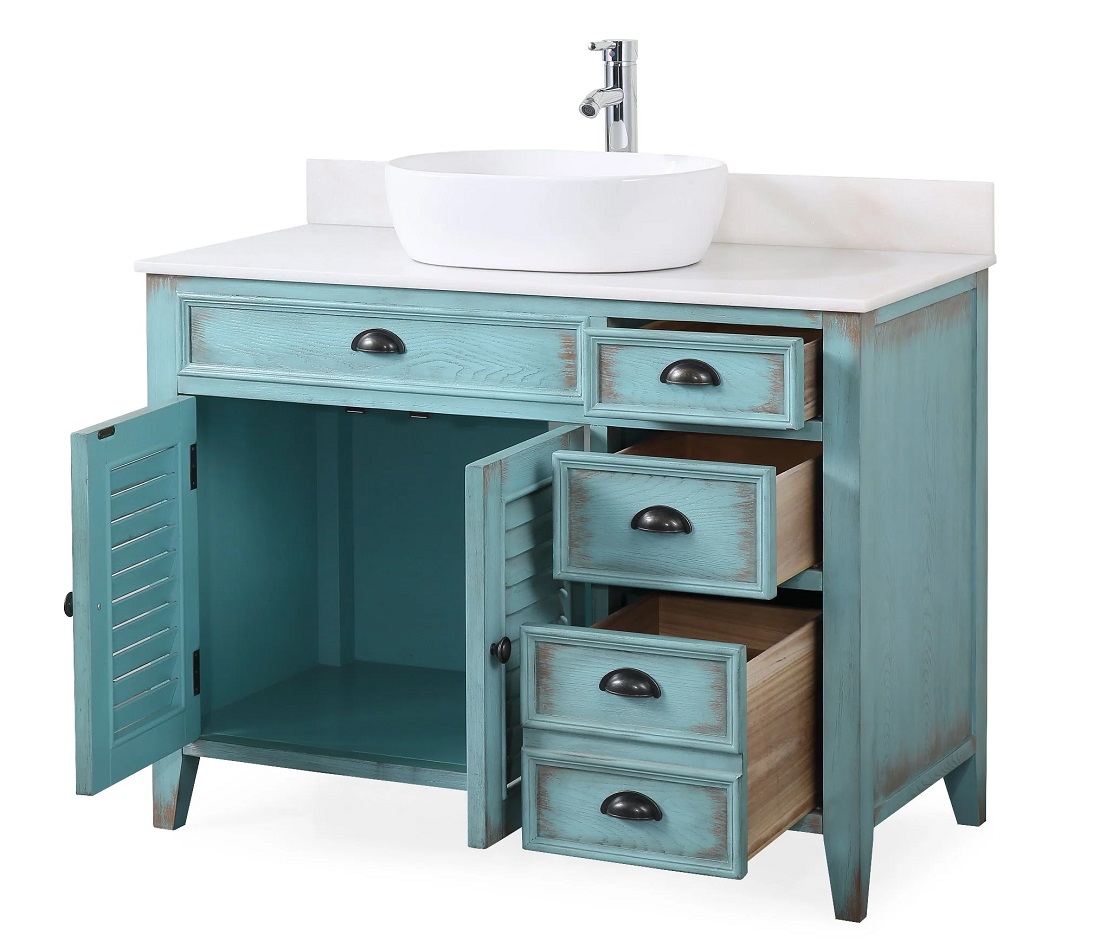 42 inch Bathroom Vanity Cottage Vessel Sink Top Style Distressed Teal