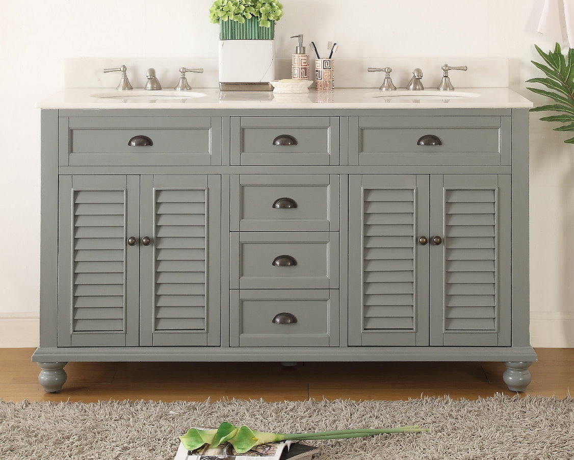 62 inch Bathroom Vanity Cottage Beach Style Gray Color (61.75"Wx22"Dx36