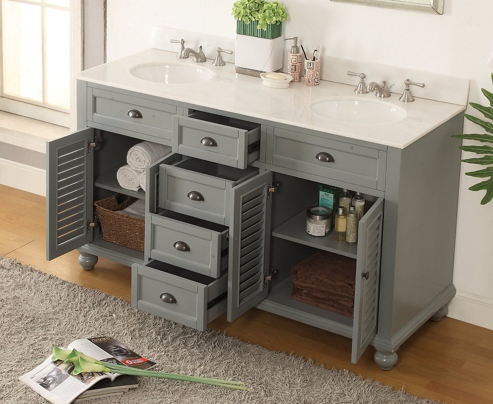 62 inch Bathroom Vanity Cottage Beach Style Gray Color (61.75"Wx22"Dx36