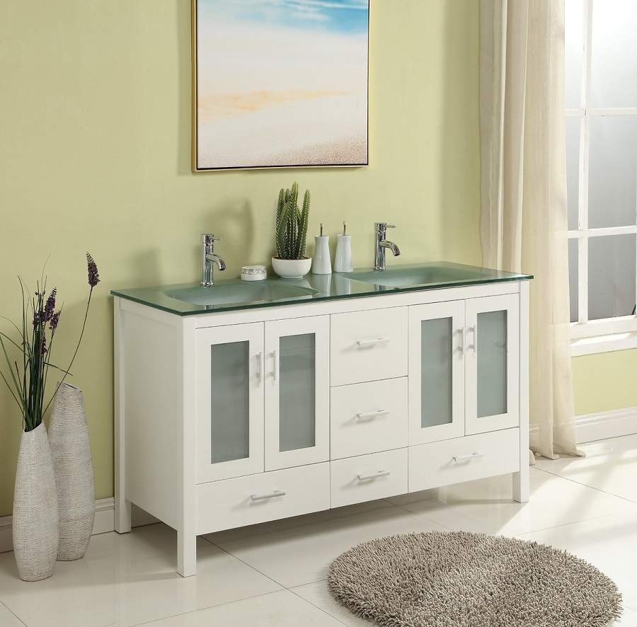 60 inch Bathroom Vanity Glass Top Double Sink White Color (60"Wx21"Dx34