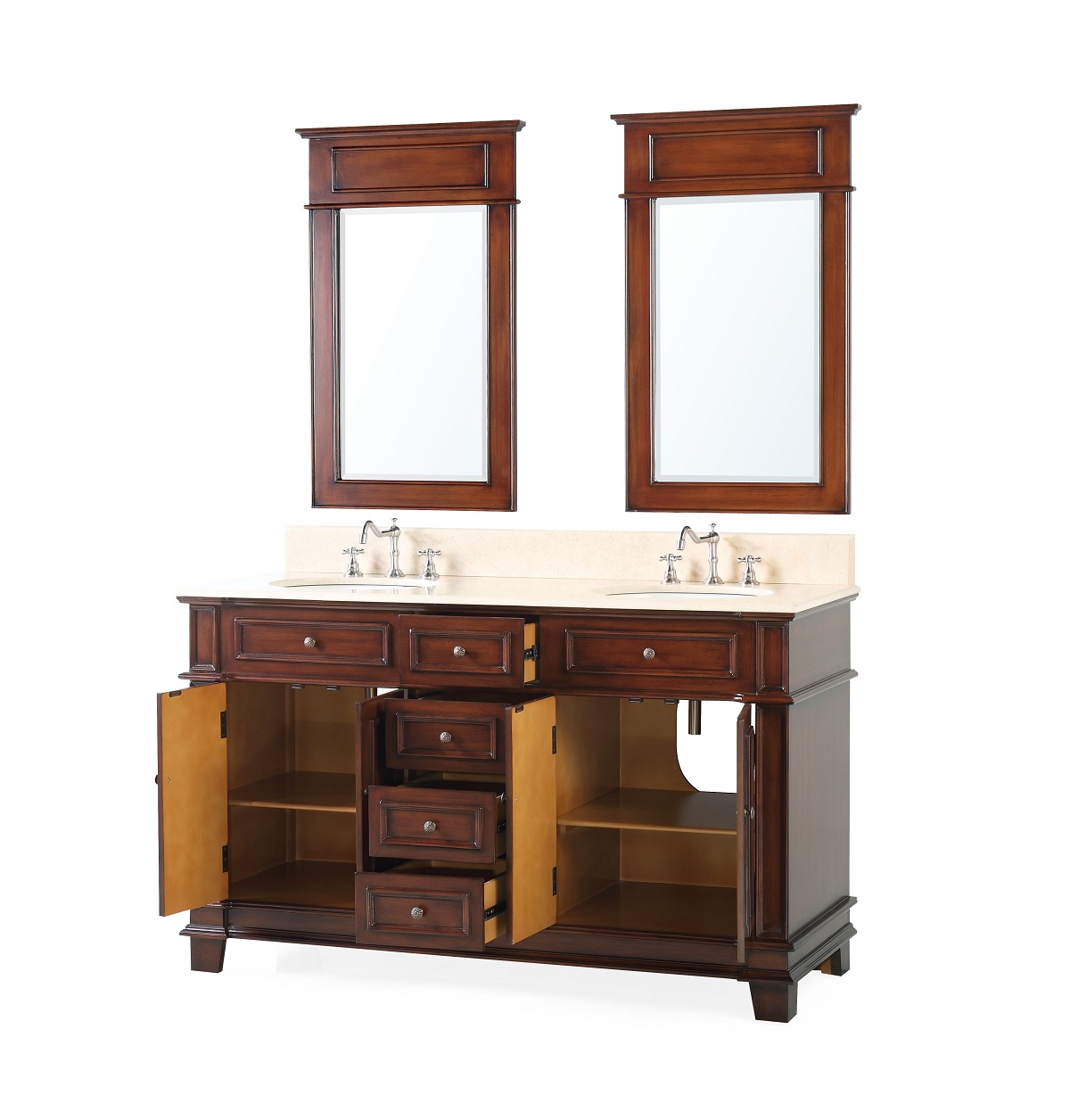 60 inch Brown Bathroom Vanity Double Sink Cream Marble Top (60"Wx22