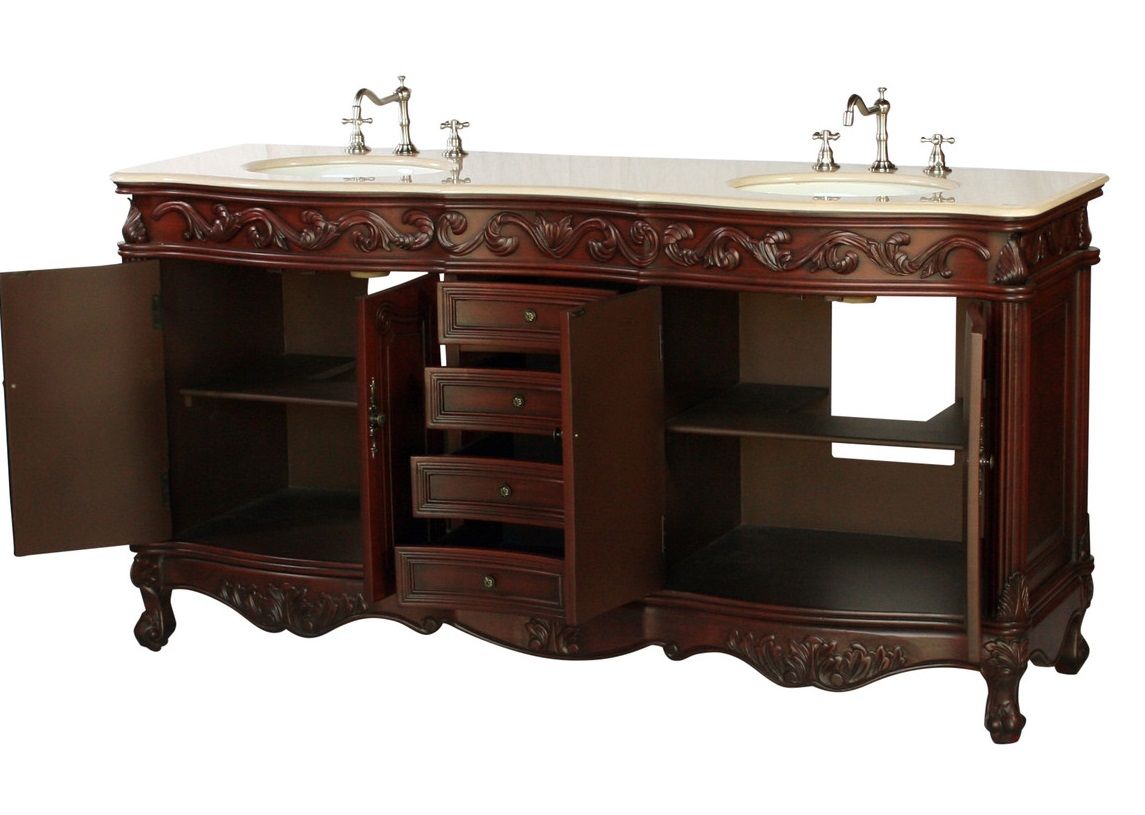68 inch Bathroom Vanity Double Sink Antique Style Walnut (68"W x 22"D x