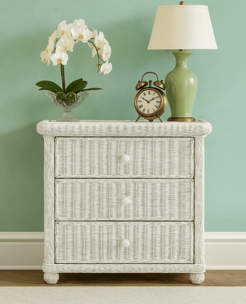 Elana Three Drawer Wicker Dresser -with glass top