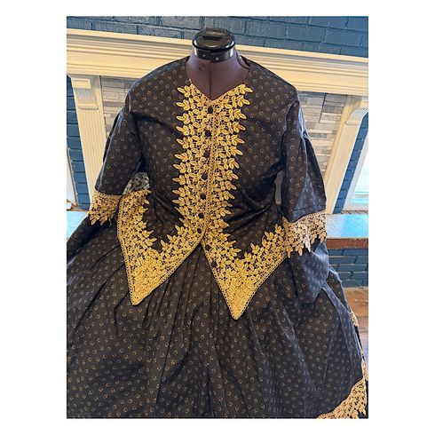 Black Historical print with Wheat Venice Lace Civil War Better Day Dress 42