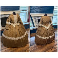 Cocoa Historical Print Civil War Better Day Dress with Venice Lace 38