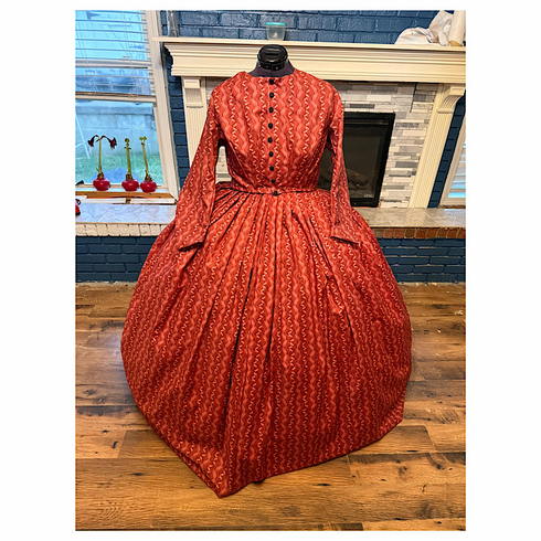Deep Red Ribbon Print Civil War Simple Day Dress or Camp Dress 38