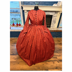 Deep Red Ribbon Print Civil War Simple Day Dress or Camp Dress 42