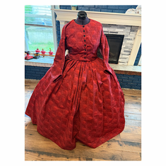 Deep Red Tonal Vines Civil War Simple Day Dress or Camp Dress 50