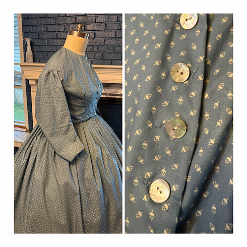 Dusty Blue with Antique White Reproduction Print Civil War Dress 24