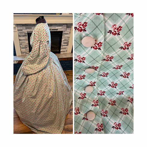 Mist Colored Diamond Plaid Floral Civil War Simple Day Dress 44